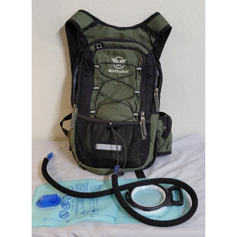 Mothybot Hydration Backpack Green Black Hiking Cycling Pack w/ 2L Water Bladder
